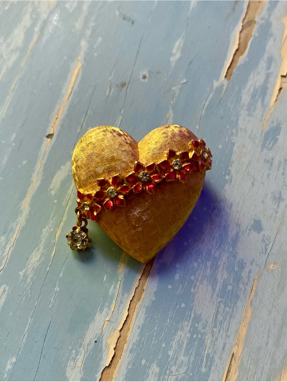 Gold Heart Brooch with Red Crystal Flower Accents